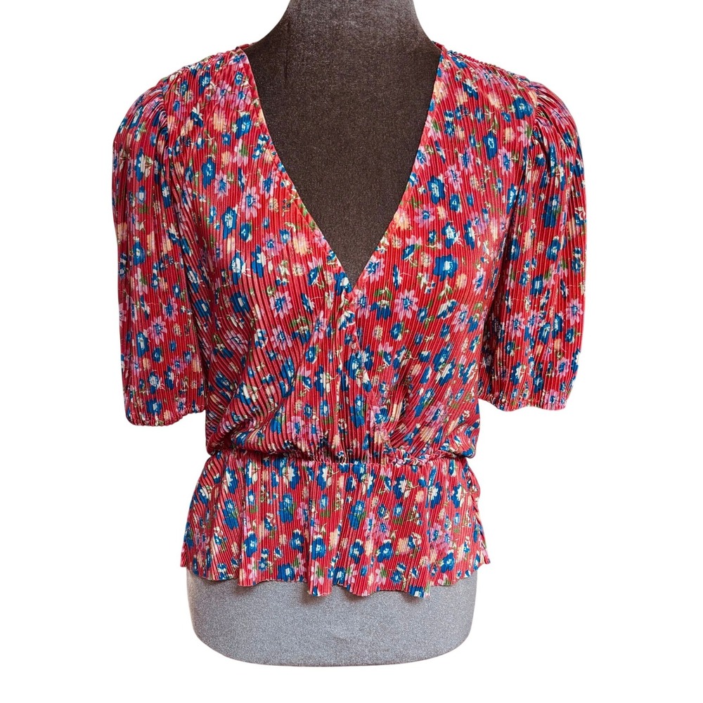 WAYF Pleated Surplice Cottagecore Top Orange Floral Peplum Short Sleeve V-Neck